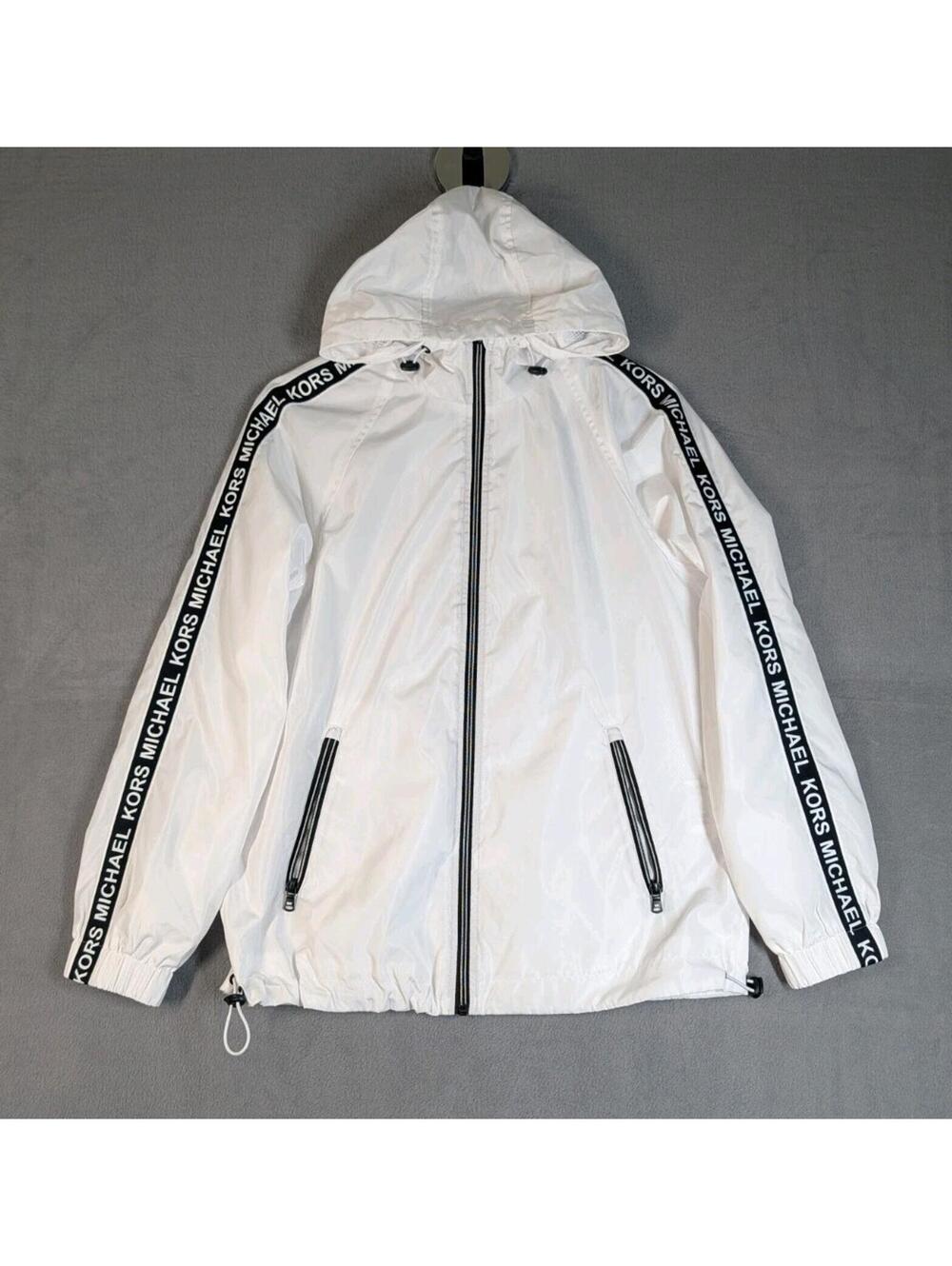 Michael Kors Womens XS White Windbreaker Jacket Logo Tape Hooded Zip Up Coat